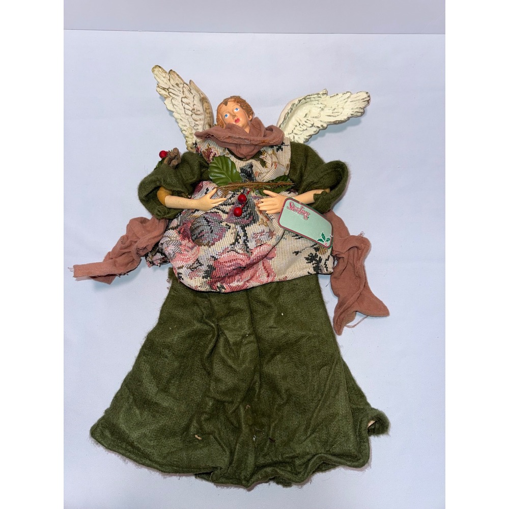 Sterling Christmas Angel Tree Topper Green Felt Floral Tapestry Resin Vintage